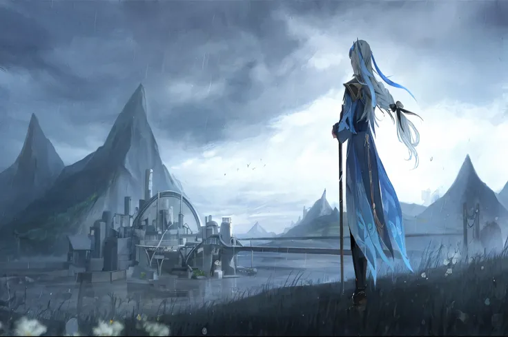 cena de anime de uma mulher com um vestido longo azul parada em um campo, dramatic concept art, Final Fantasy Conceito de Arte, magical fantasy 2 d concept art, final fantasy fan art, 2. 5 d cgi anime fantasia arte, epic fantasy concept art, Final Fantasy ...