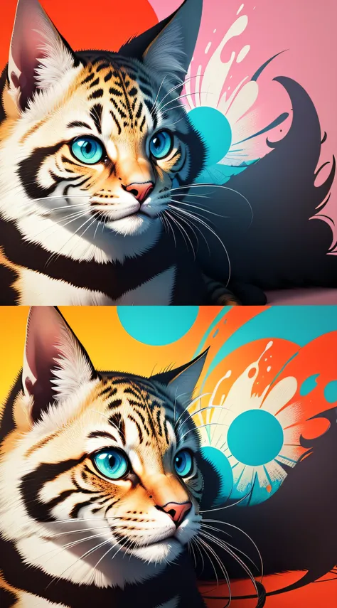 Create pop art style digital artwork, feline animals、 Surrounded by abstract floral patterns, Energetic brush strokes,The mood must be dynamic.