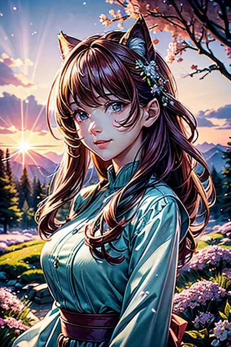 Prompt: masterpiece, best quality, ultra-detailed, 1girl, detailed water, long hair, corkscrew curls, red hair, light grey eyes, (close-up), maple trees, everywhere mistletoe, gorgeous, maple and spruce trees, cherry, cherry tree, smile, view from front, w...