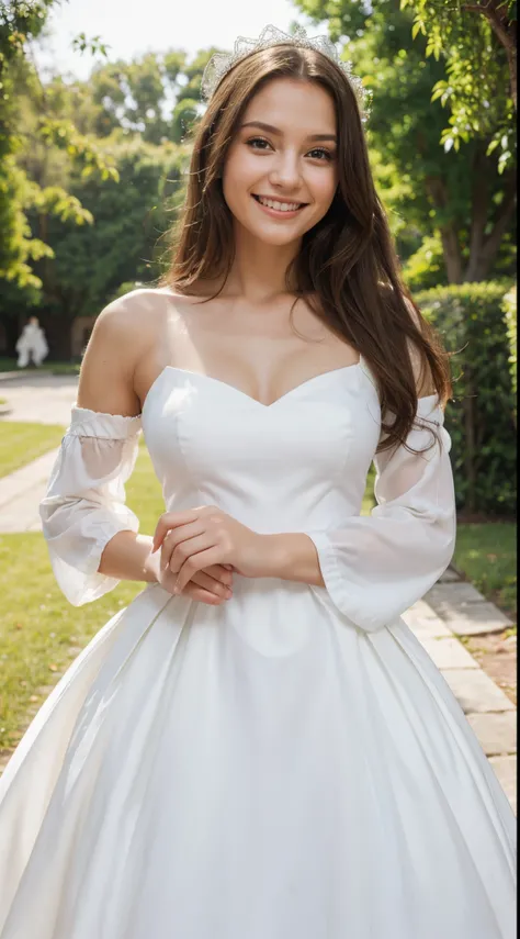 There is a beautiful young woman in a white dress with very captivating princess sleeves. and she is smiling with an ordinary pose