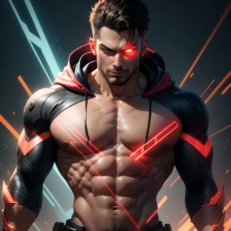 Create a digital artwork of a powerful Super Coder Man, a 3D vector of a muscular guy in a hoodie, surrounded by code and a glowing red aura, red eyes. The artwork should be highly detailed, realistic, and set against a cyberpunk backdrop of neon brillianc...