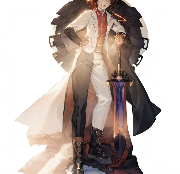 a cartoon image of a Man in a white Shirt and coat, delicate androgynous prince, handsome guy, beautiful androgynous prince, demon fanart, inspired by Okumura Masanobu, caleb from critical role, he has short curly brown hair, he  wearing a suit, holding a ...