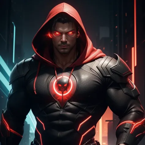 Create a digital artwork of a powerful Super Coder Man, a 3D vector of a muscular guy in a hoodie, surrounded by code and a glowing red aura, two red eyes. The artwork should be highly detailed, realistic, and set against a cyberpunk backdrop of neon brill...