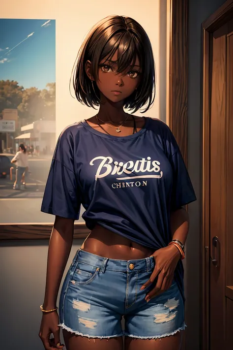 Dark skin pretty young woman in an oversized fitted shirt and blue jean shorts, shy, holding one labeled cup, insanely detailed, 4K, 2D illustration, clearly detailed luminous brown eyes