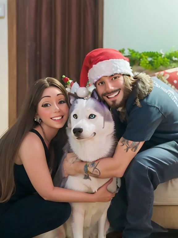 Pareja feliz con un husky en navidad