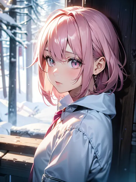 ((Pink gold eyes))、 Pink Short Bob、Bangs at the top of the eyebrows、short bunguest quality, High quality, Highly detailed CG Unity 8k wallpaper, coniferous forest, Silence, towering conifers covering forest floor, Severe cold, Gentle beauty, Snow, Winters,...