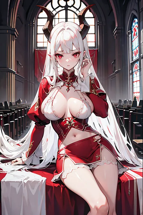 Masterpiece, best quality, high quality, ultra detailed, A girl with big dragon horns on her head，Long white hair，red color eyes，Erotic white lace lingerie，crosses，Fighting posture，divino，highest  quality，exposing her chest，Miniskirt，Gorgeous church backgr...