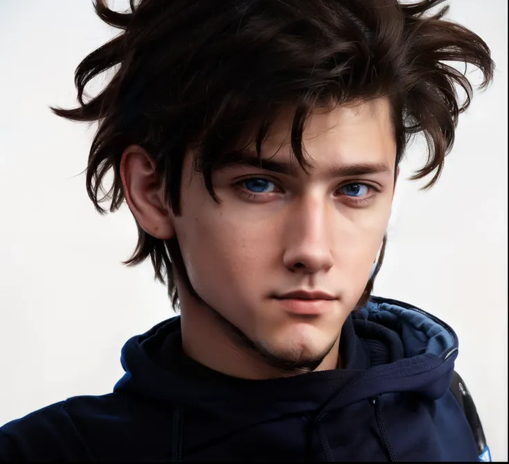 retrato realista,  with dark brown hair and blue hoodie, young handsome caucasian, Chico alto de anime con ojos azules, young cyberpunk hero, Joven adolescente, retrato de rostro de un chico joven, expresion seria, con ojeras en sus ojos, frowning