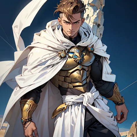 ((​masterpiece)), ((Best Quality)), 4k, Very detailed, 1 person(((waist up))), Background with:Ancient Cappadocia square in the desert, Handsome man with light brown hair and pomade hair, armature(((beetle))), ((Guyver Style)), ((White Cloak))