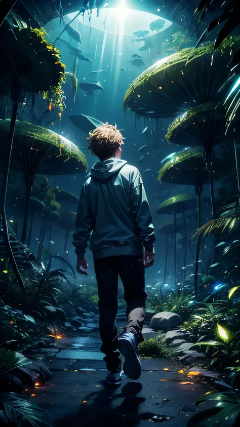 Teenage boy, 16 years old, dirty blonde, gray eyes, tall, dark green sweatshirt, futuristic clothes, explores alien planet, excited, giant bioluminescent flora