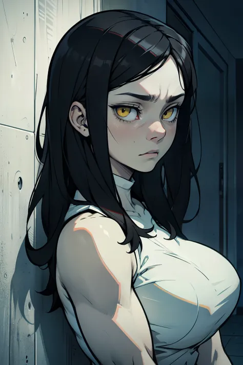 (1 girl muscular) black hair yellow eyes huge breasts pale skin expressionless expressionless sad sad expressionless expressionless sad sad expressionless expressionless sad sad expressionless expressionless sad sad creepy