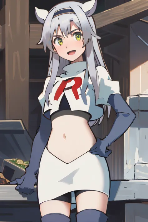 best quality, (masterpiece:1.2), detailed, medieval,
Sistine Fibel,
1girl, solo, open mouth, light smile, blush,
long hair, grey hair, green eyes, blue hairband, animal ears,
team rocket,team rocket uniform,white skirt,crop top,red letter R,black thigh-hig...