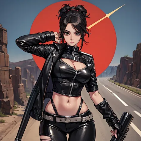 Chica sola punk motociclista,rebel position, con casco negro con picos, curvy and very athletic slim build, caderas anchas, piernas largas y gruesas, culo enorme muy grande, one leg ripped tight black leather pants, mallas negras en las piernas, botas negr...