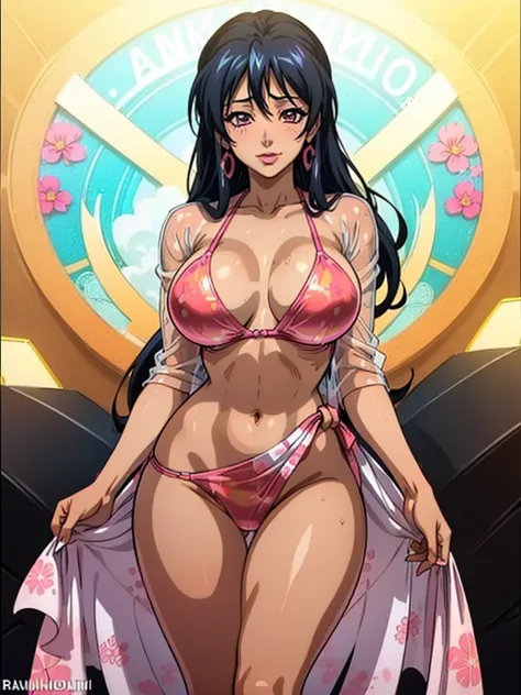 (4k, best quality:1.3), very mature female himejima akeno, lipstick, eyeshadow, tanned, gyaru, beach, floral translucent sarong, wet body, wet shirt, see-through white shirt, pink|black fbb bikini, wide hips, detailed face, detailed body, detailed outfit