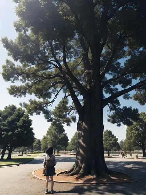 Best quality at best, detailedbackground, girl, ,a park, Random_wears,Facing the big tree,Close your eyes and touch the tree with your hands