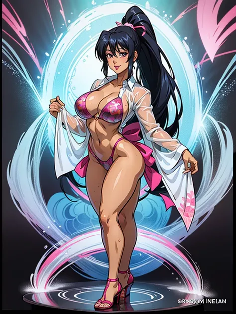 (16k, isometric, full body, best quality):1.3, very mature female ifbb himejima akeno, tanned, gyaru, floral translucent sarong, wet body, (wet shirt, see-through white shirt), pink|black fbb bikini, wide hips, lipstick, eyeshadow, ponytail, hair ribbon, d...