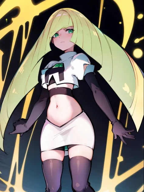 pokemonlusamine,green eyes,team rocket,team rocket uniform,white skirt,crop top,black thigh-high boots,black elbow gloves,