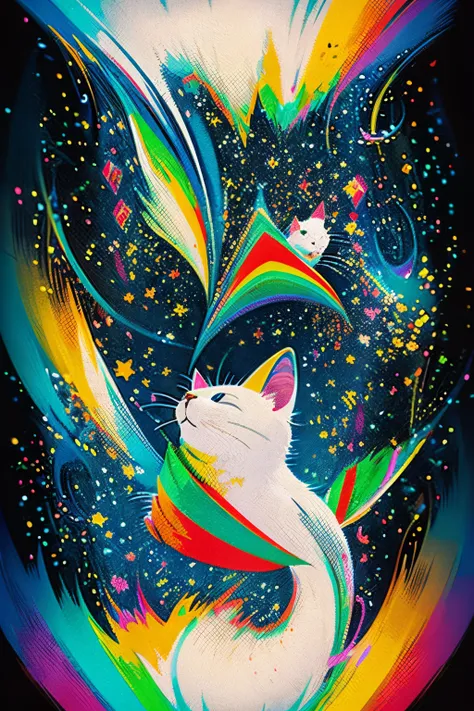 hightquality， Beautiful fece，tmasterpiece，0Mib style，T-shirt design,Images of white cats，Colorful，Prism chips，graffiti lines，reflected fractal circle，Ink Sputtering，Melted brush strokes，Particle vortices，dramatic lights，