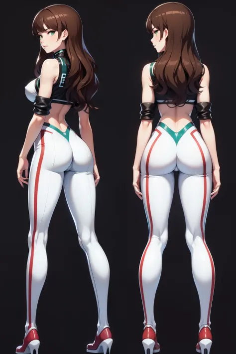 (masterpiece), (best quality), same girl posing in 2 different poses, long wavy brown hair, green eyes, wearing a cyber white suit with leather details, medium boobs, dramatical pose, slim body, (transparent background), ass first view, (touching the ass),...