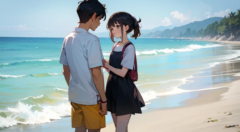 a couple, in the beach, girl embraced by boy, girl wear a mini dress, boy wear shirt and shorts