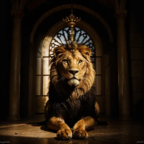 Create an image of a biblical lion with the name psalm inspired dark background