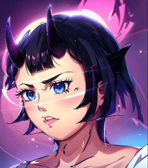 High quality, two horns on the head, white skin, blue eyes, pink lipstick, eyelashes, big head of hair, erotic atmosphere, black hair color,