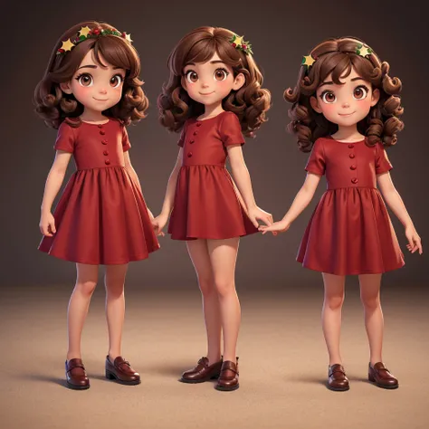 full body image profile poses. of two small children, a four year old girl, curly brown hair, brown eyes, charming smile, wearing dark red dress, Christmas celebration style