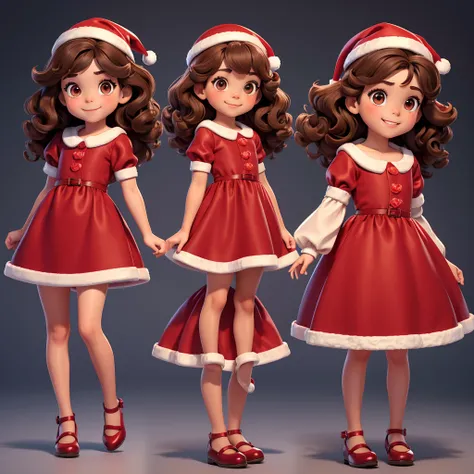 full body image profile poses. of two small children, a four year old girl, curly brown hair, brown eyes, charming smile, wearing dark red dress, Christmas celebration style