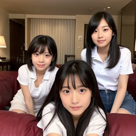 An ultra-high picture quality、Perfect Photo、japanes、Japanese 15 year old beautiful girl、dim room、sit on sofa、two people&#39;They don&#39;t look alike.、