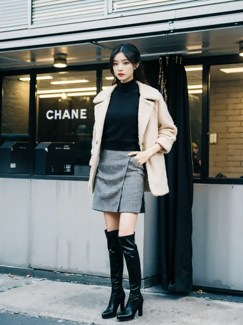 Best quality,tmasterpiece,超高分辨率,(actual:1.4),RAW photos,hyper HD，8K，There  one girl，Stylish clothes,Chanel style，Stylish skinny suit, wearing jacket and skirt,high-class fashion，ellegance, short skirt and a long jacket, tigh-high boots，Over-the-knee boots，...