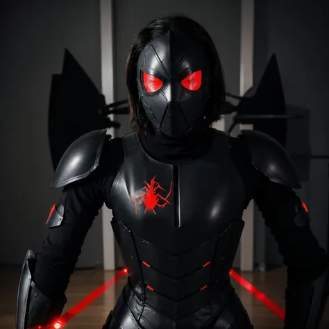 Cool black colour armour , having a red core , having lasers and spider legs on back on the armour to fight, with a mask