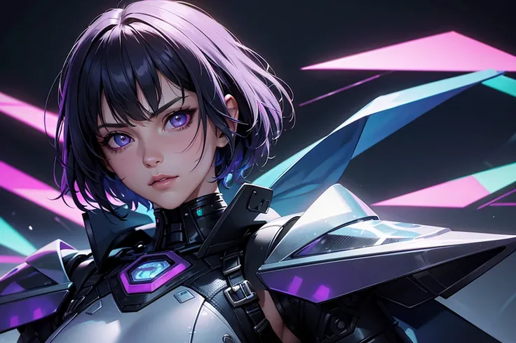 "Please create a UV Texture with the following characteristics: Representation of an entire glass, from the front, with a beautiful cyberpunk princess dressed in armor and short hair. The image must be hyper-realistic, with an extremely detailed face. The ...