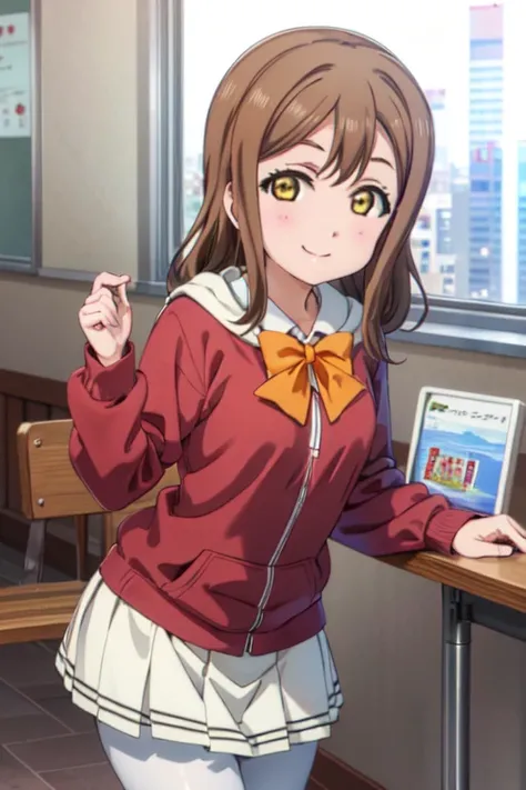 (((pixel perfect, Detail Perfect))),Solo, 1girl in, Hanamaru Kunikida, uranohoshi school uniform, bowtie, Looking at Viewer, Smile，white pantyhose king，Red hoodie，