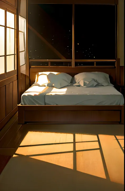 (best quality,soft light,bed,cozy atmosphere,peaceful,relaxed,pleasant,serene mood,vibrant colors,subtle shadows,warm tones,infinite comfort,inviting,serene scene,angled view)