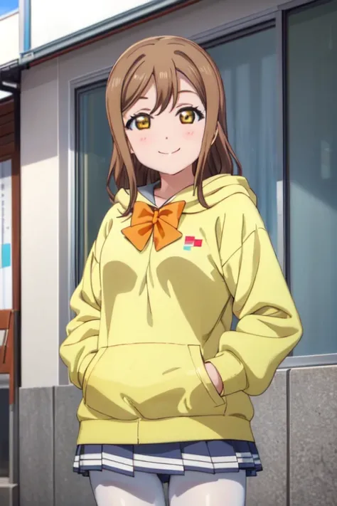 (((pixel perfect, Detail Perfect))),Solo, 1girl in, Hanamaru Kunikida, uranohoshi school uniform, bowtie, Looking at Viewer, Smile，king of white pantyhose，Red hoodie，Im wearing a hood，hands in pockets。