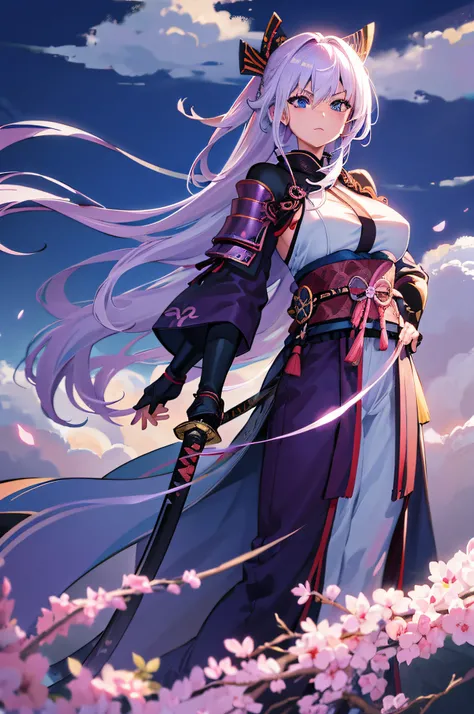 4K,hight resolution,One Woman,small white purple hair,Longhaire,Blue eyes,Colossal tits,samurais,Samurai armor,Japanese Katana Sword,Japan castle town,daytime sky