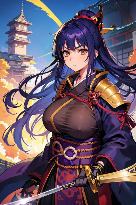 4K,hight resolution,One Woman,blue purple hair,Longhaire,Yellow eyes,Colossal tits,samurais,Samurai armor,Japanese Katana Sword,Japan castle town,daytime sky