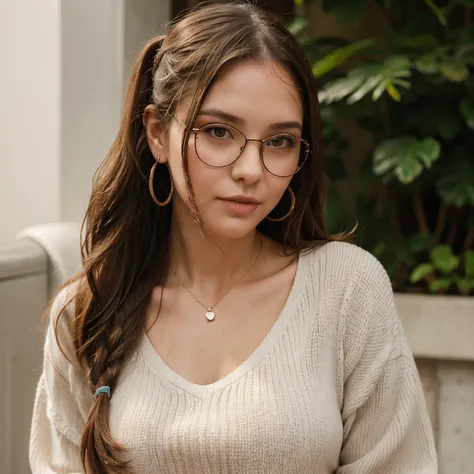 Chloe hart Brunette long wavy hair ponytail glasses collar earrings rosy cheeks blushing chubby wet ribbed top jeans