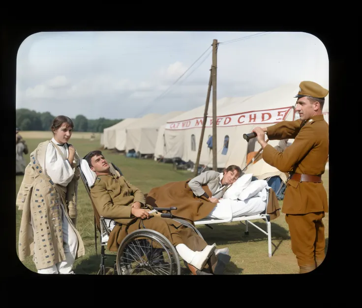 there are people in a field with a man in a wheelchair, wounded soldiers, ww1 film photo, still from film, taken on a ww 1 camera, colorized, photographic still, autochrome, colourized, colorized photograph, slide show, colourised, ww 1, ww1, 188216907, aw...