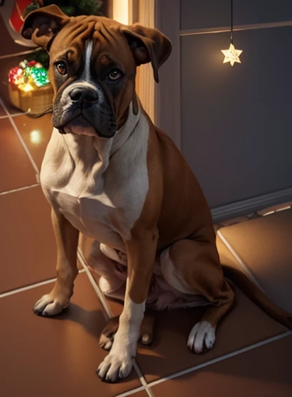 Draw a picture of a Boxer dog ( dog characteristics: o corpo todo marrom mais claro, o peitoral branco, white paws and white neck, possui o rabo marrom com a ponta branca.) ao lado do papai Noel. With a Christmas tree in the background and lots of Christma...