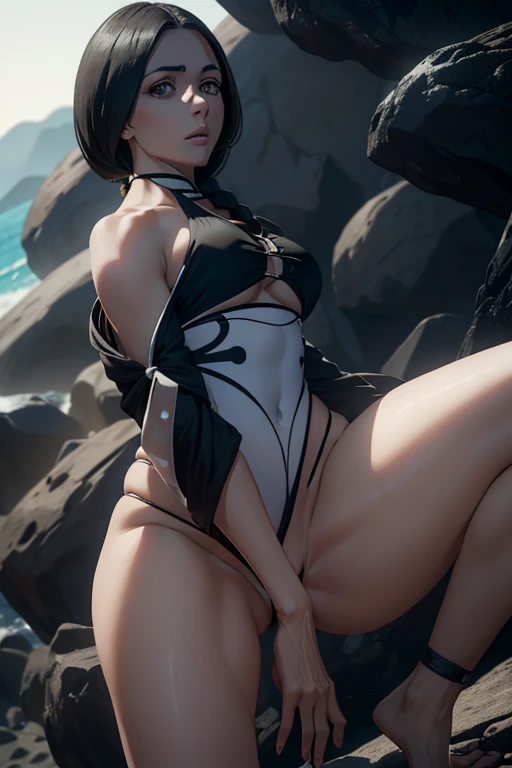 Unohana, Unohana, foto de corpo inteiro, cabelos longos, pose de modelo, seios enormes, cabelos pretos, pigtail, single braid, micro bikini, (olhos negros:1.5),
Swimsuit break, one-piece swimsuit, white one-piece swimsuit,
quebrar ao ar livre, Praia,
quebr...