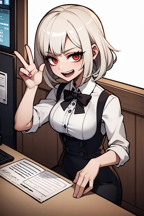 1girl, mature, adult, cashier, beauty, eyelashes, talking, npc, high detailed, master piece, white shirt, cashier woman, cartoon, open mouth, happy