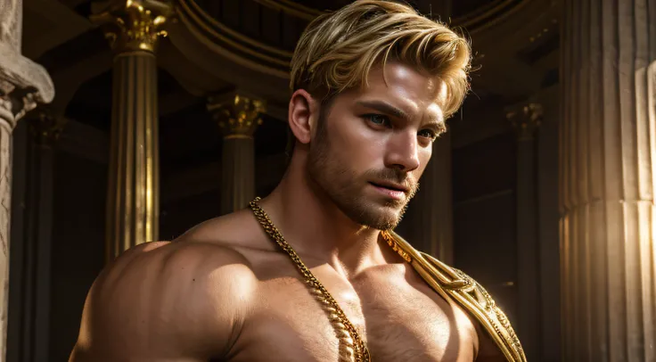 realistically, ((Best quality at best)), ((tmasterpiece)),  1 handsome guy, Installed, Chiseled, rich greek temple, male people, Blonde messy short hair, that handsome man，Handsome face， 詳細な目, Muscular, upper part of body, gold chain belt, Pibusanga, arm r...