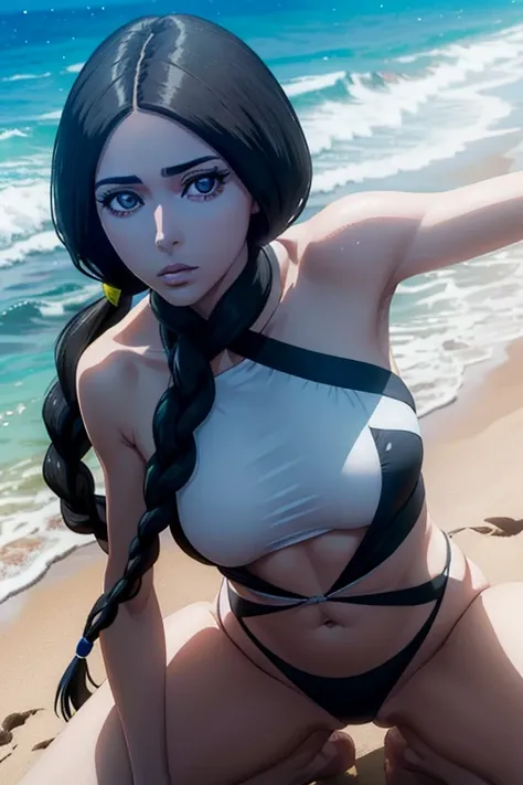 Unohana, Unohana, foto de corpo inteiro, cabelos longos, pose de modelo, seios enormes, cabelos pretos, pigtail, single braid, micro bikini, (olhos negros:1.5),
Swimsuit break, one-piece swimsuit, white one-piece swimsuit,
quebrar ao ar livre, Praia,
quebr...