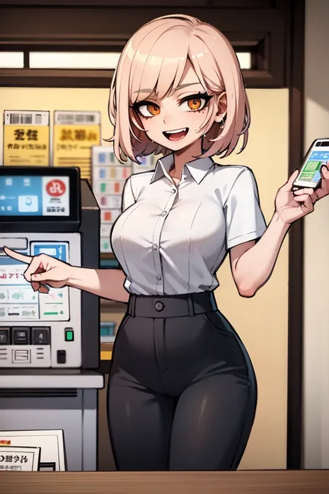 1girl, mature, adult, employee, cashier, (convenience store) beauty, eyelashes, talking, npc, high detailed, master piece, white shirt, cashier woman, cartoon, open mouth, happy