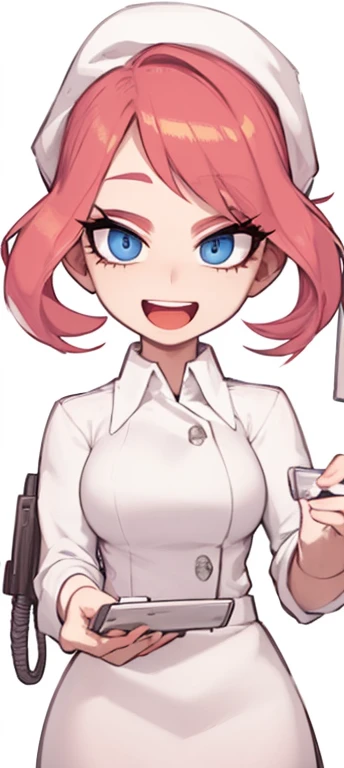 1girl, mature, adult, cashier, beauty, eyelashes, talking, npc, high detailed, master piece, white shirt, cashier woman, cartoon, open mouth, happy