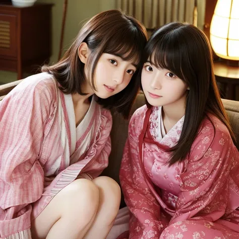 An ultra-high picture quality、Perfect Photo、japanes、16-year-old beautiful girl in Japan、huge window、Cherry colored clothes、Sleepy look、Lace curtains、dim room、sit on sofa、2 girls in&#39;Not similar..、one person has long hair、One person has short bob hair、Op...