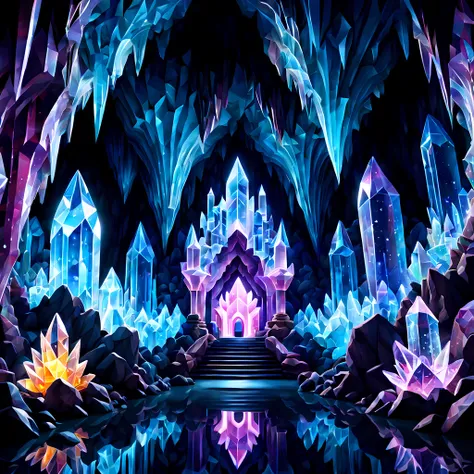 (symmetrical:1.3), (solo:1.3), (cute cartoon style:1.3), epic, design a mesmerizing ethereal beauty of crystal ((caves enclosed within a grand magical artifact)), the caves are adorned with shimmering crystals, glistening under a radiant and ever-changing ...