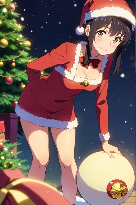 shinkai makoto, kimi no na wa., 1girl, bangs, black hair, blush, bright eyes, brown eyes, looking at the viewer, red bow, red headband, red ribbon, short hair, medium breasts, solo, outdoors, shiny skin, smile, happy, beautiful, parfect anatomy, Christmas ...