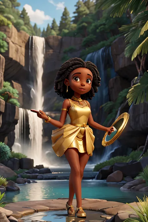 a black woman, in a gold dress, holding a hand mirror, in front of a waterfall